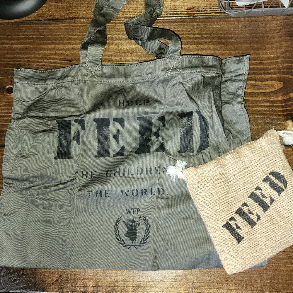 FEED Olive Canvas Bag and Burlap pouch NWT